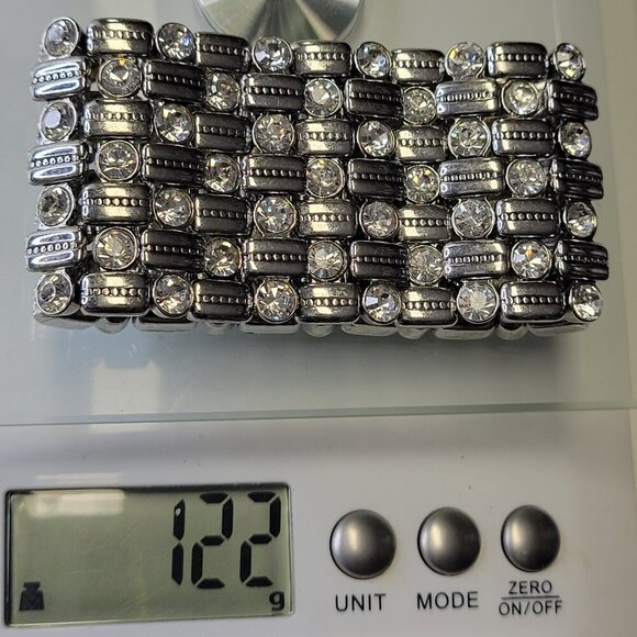 Women's Crystal Silver Tone Wide Stretch Cuff Bracelet - Picture 10 of 10